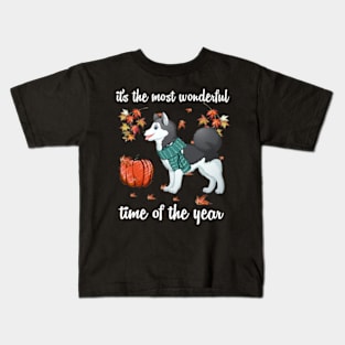 Siberian Husky Dog Autumn Fall Most Wonderful Time Maple Kids T-Shirt